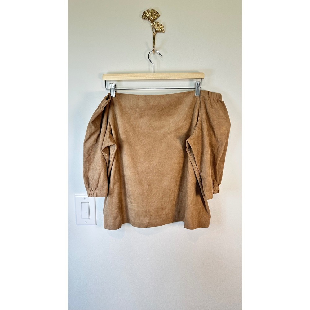 Chico's Caramel Faux Suede Off Shoulder Blouse Cowl Neck Balloon Sleeve XXL